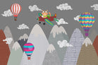 "Whimsical cat flying among clouds lea - kids wallpaper mural-inequal final"