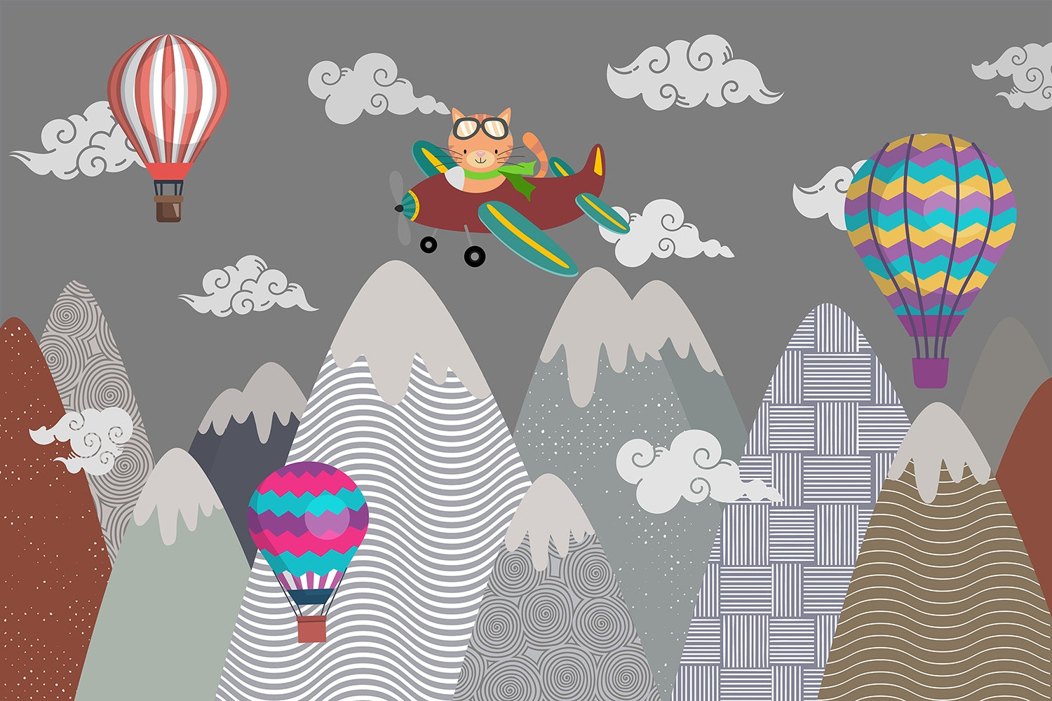 "Whimsical cat flying among clouds lea - kids wallpaper mural-inequal final"