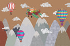 "Whimsical cat flying among clouds lea - kids wallpaper mural-inequal final"