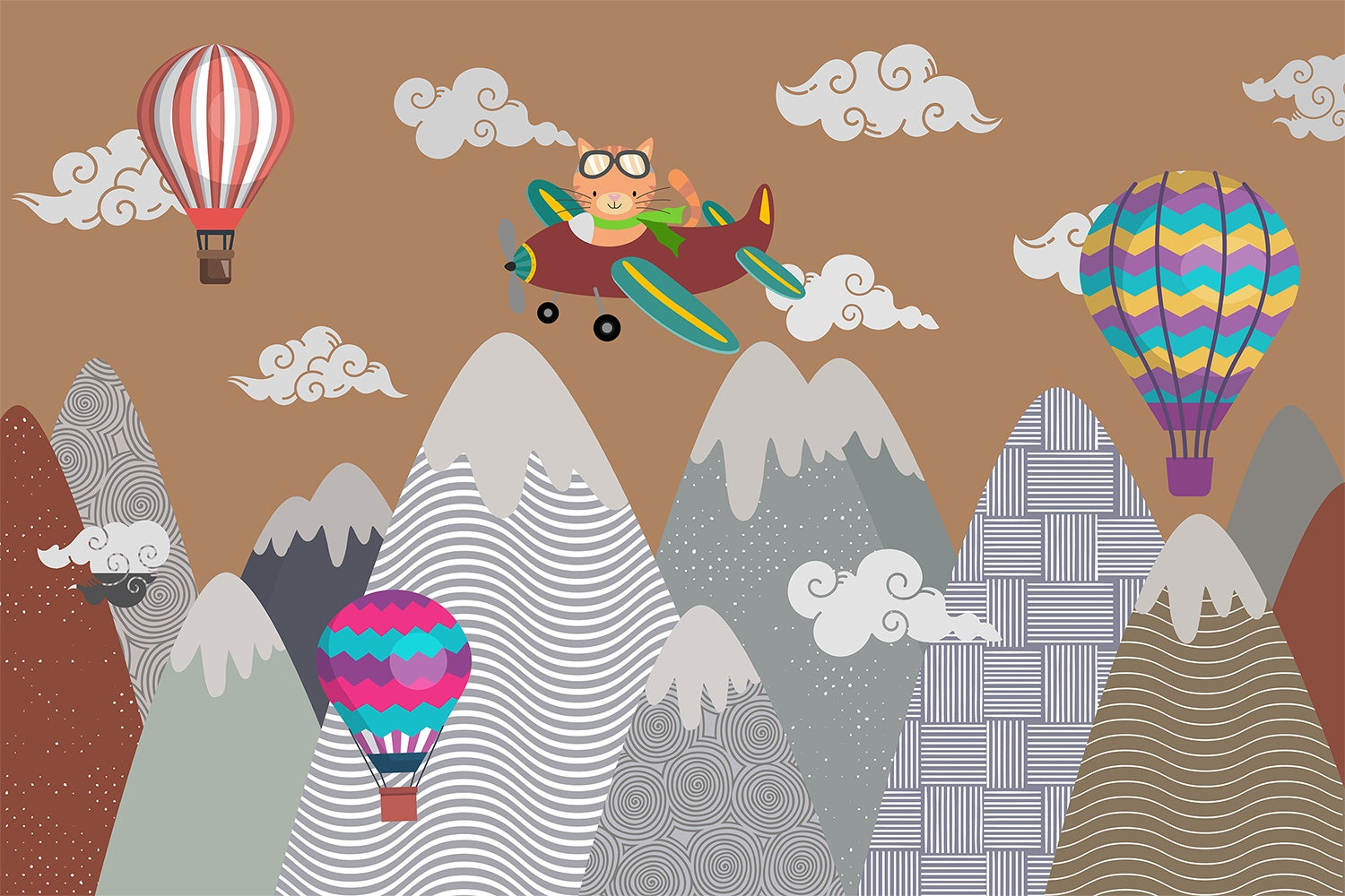 "Whimsical cat flying among clouds lea - kids wallpaper mural-inequal final"