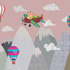 Whimsical mountain scene with teepee tent, hot air balloons and cartoon airplane above peaks - view 8 - final