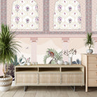 Ornate Mughal arches with purple florals above modern console, tropical plants and classical columns - view 8 - final