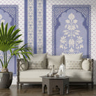 Traditional Mughal inspired panels with white floral motifs on teal background with decorative borders - view 15 - final