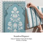Traditional Mughal inspired panels with white floral motifs on teal background with decorative borders - view 3 - final