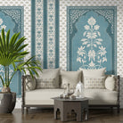Traditional Mughal inspired panels with white floral motifs on teal background with decorative borders - final living-room