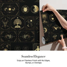 Art deco style celestial symbols and nature motifs in gold on black background - view 3 - final