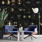 Art deco style celestial symbols and nature motifs in gold on black background - final hobby-room