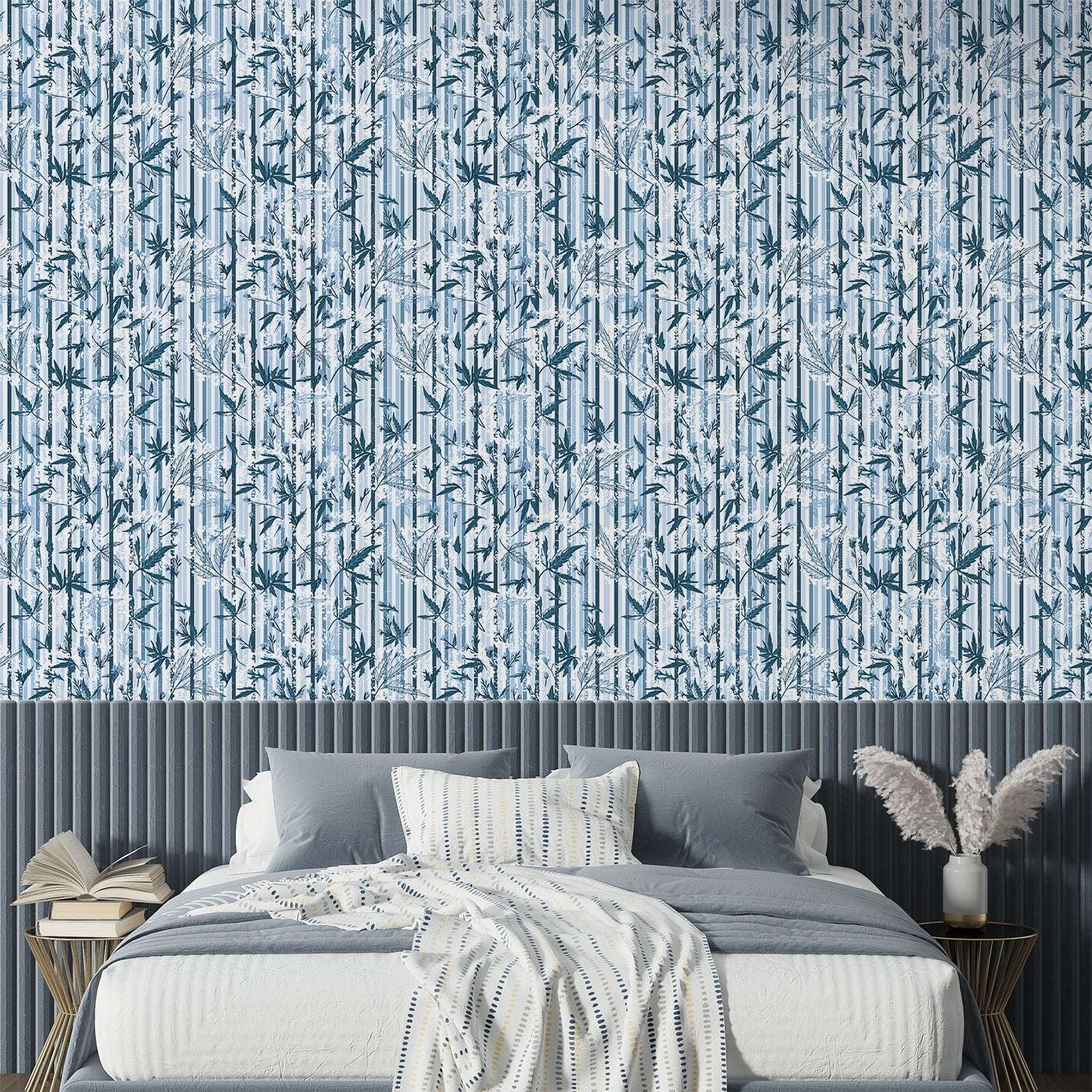 Repeating green bamboo leaves and stems on white background with vertical striped pattern - view 9 - final