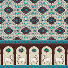 Traditional medallion damask print in teal and coral with decorative Indian border motifs - view 14 - final