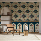 Traditional medallion damask print in teal and coral with decorative Indian border motifs - view 3 - final