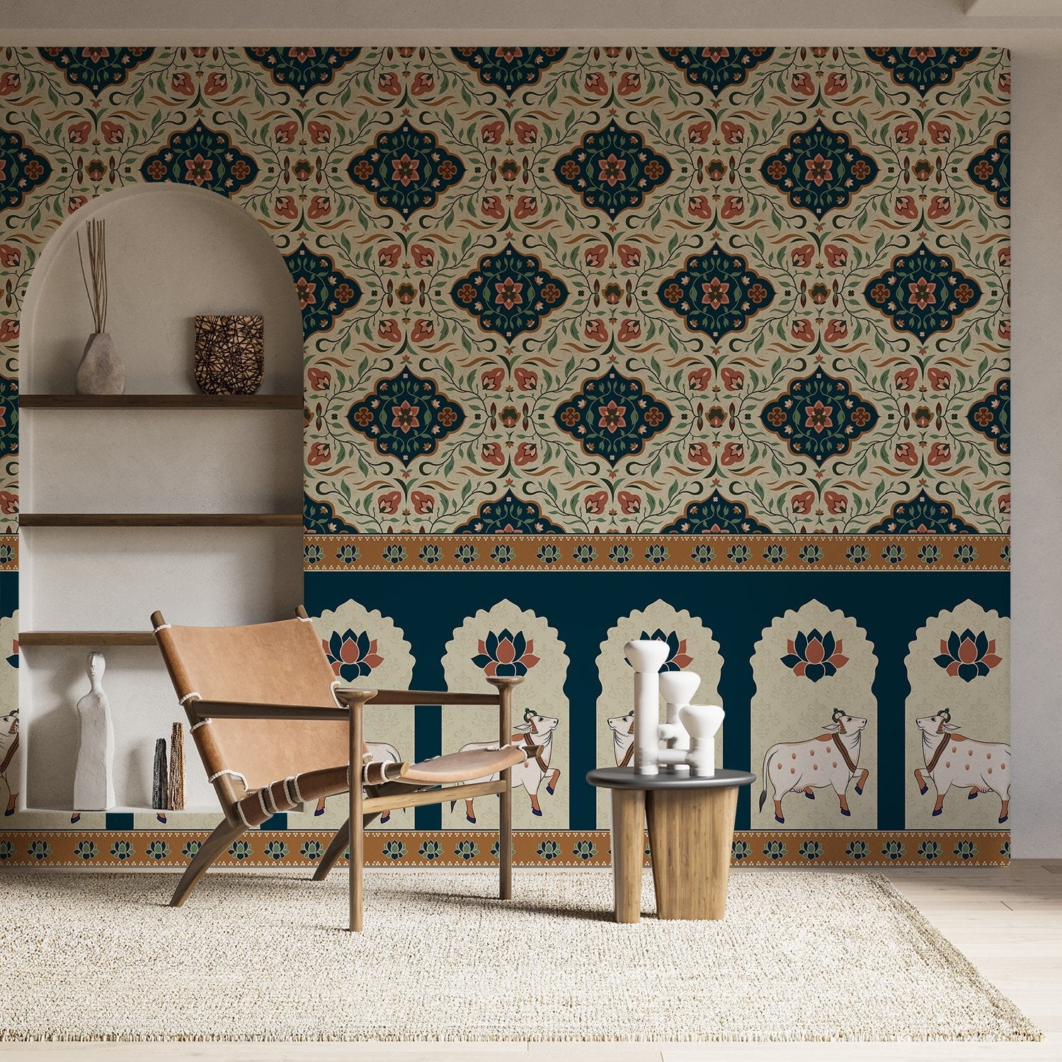 Traditional medallion damask print in teal and coral with decorative Indian border motifs - view 3 - final