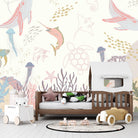 Whimsical marine life illustration with jellyfish, fish and coral in soft pastel colors - final kids-room