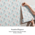 Delicate repeating pattern of blue seahorses and coral starfish on light background - view 4 - final
