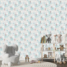 Delicate repeating pattern of blue seahorses and coral starfish on light background - final kids-room