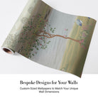 Serene countryside mural with lake, rolling hills and delicate cherry blossoms in muted tones - view 4 - final