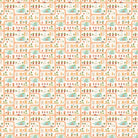 Whimsical peach townhouses with trees and gardens in repeating geometric nursery pattern - view 2 - final