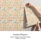 Whimsical peach townhouses with trees and gardens in repeating geometric nursery pattern - view 5 - final