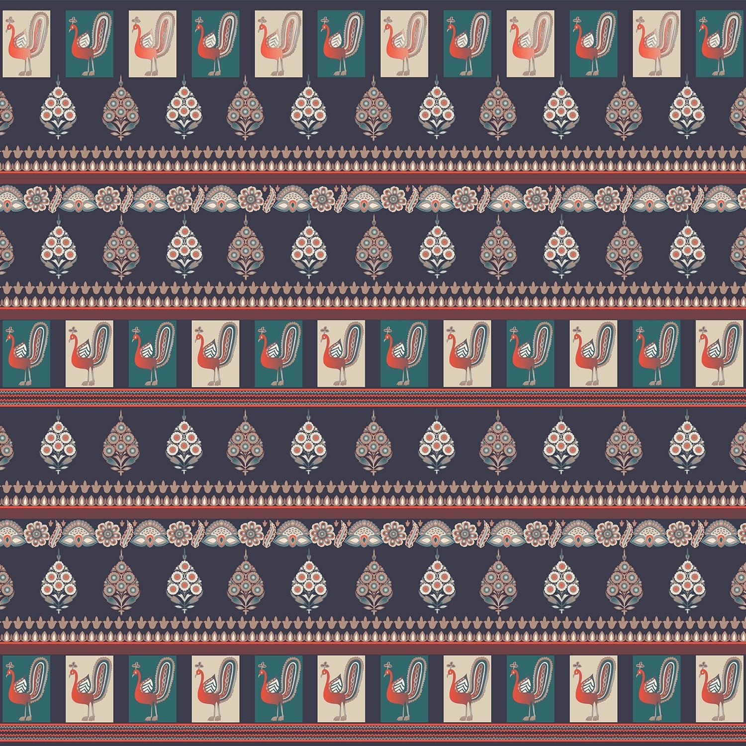 Repeating rows of blue peacocks and paisley motifs in soft gray traditional style - view 12 - final