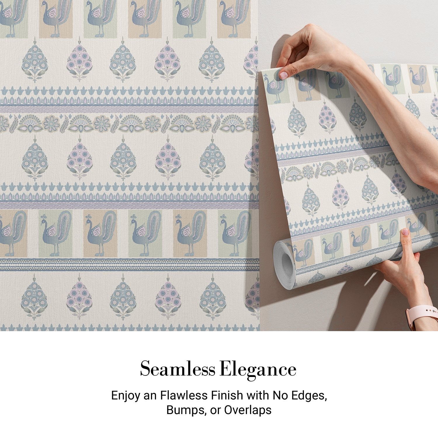 Repeating rows of blue peacocks and paisley motifs in soft gray traditional style - view 3 - final