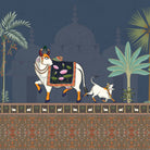Traditional Pichwai artwork featuring decorated sacred bull, palm trees and domed palace architecture - view 10 - final