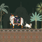 Traditional Pichwai artwork featuring decorated sacred bull, palm trees and domed palace architecture - view 16 - final