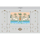 Traditional Pichwai painting showing sacred cows by riverside with palm trees and ornate frame - view 10 - mural-equal - final