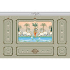 Traditional Pichwai painting showing sacred cows by riverside with palm trees and ornate frame - view 5 - mural-equal - final