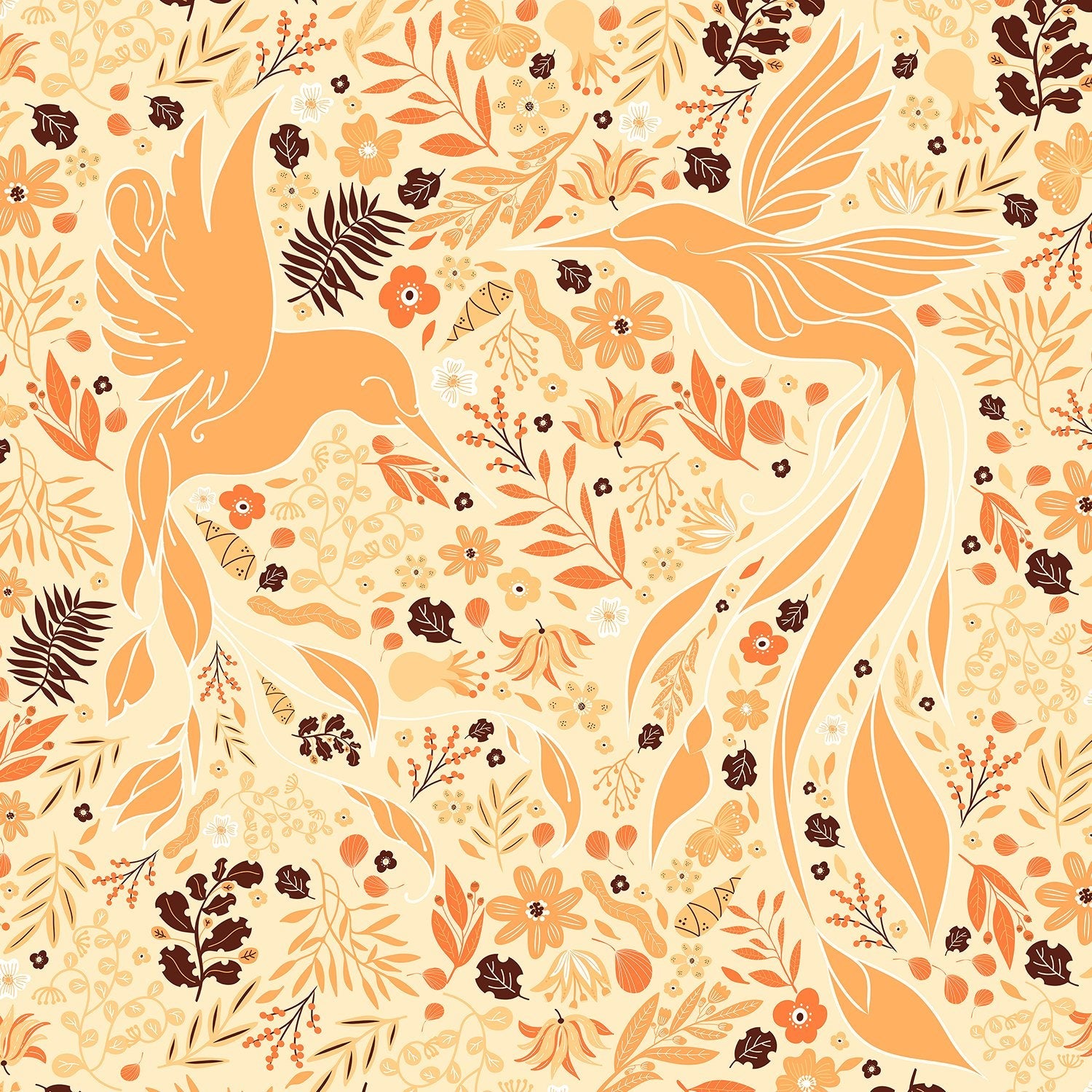 Whimsical pink birds and flowers create flowing organic pattern with burgundy botanical accents - view 10 - final