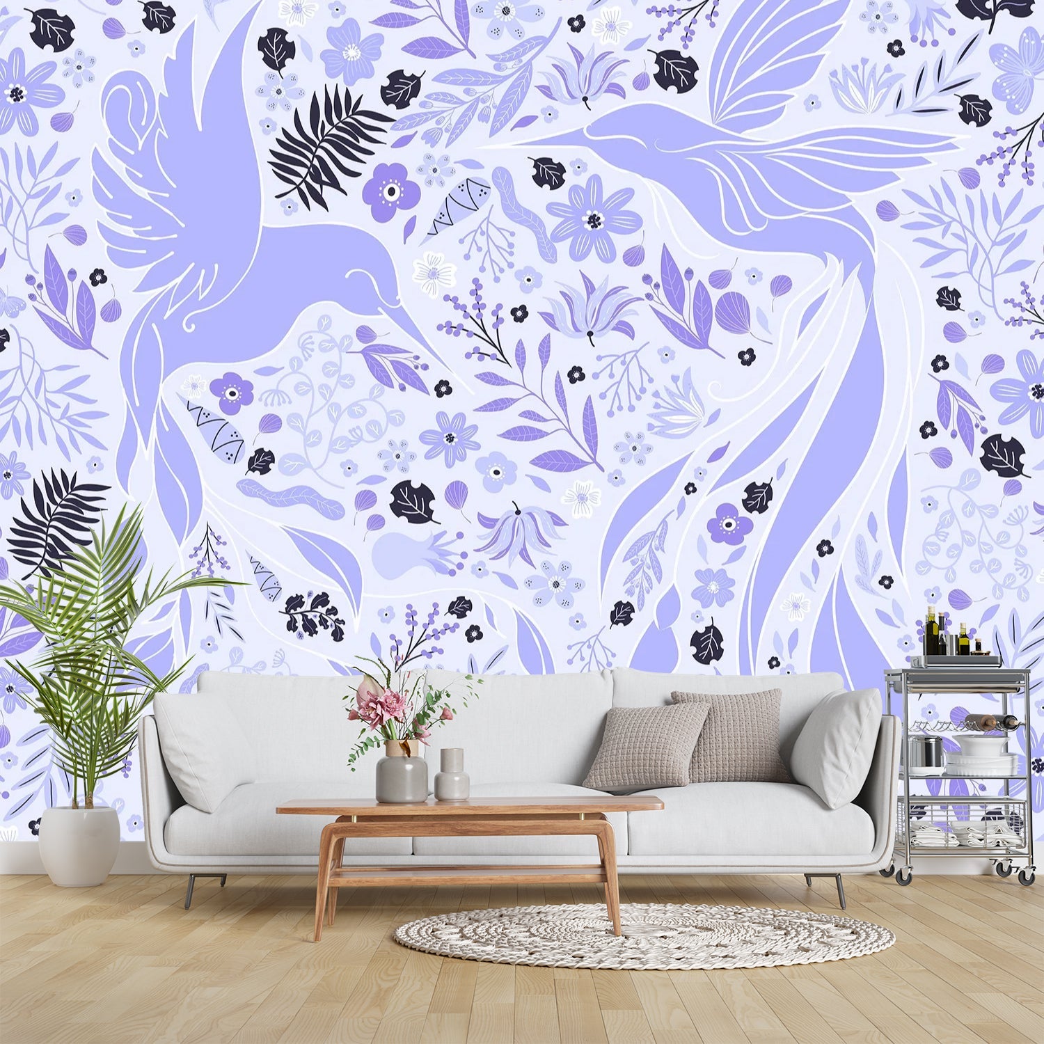 Whimsical pink birds and flowers create flowing organic pattern with burgundy botanical accents - view 15 - final