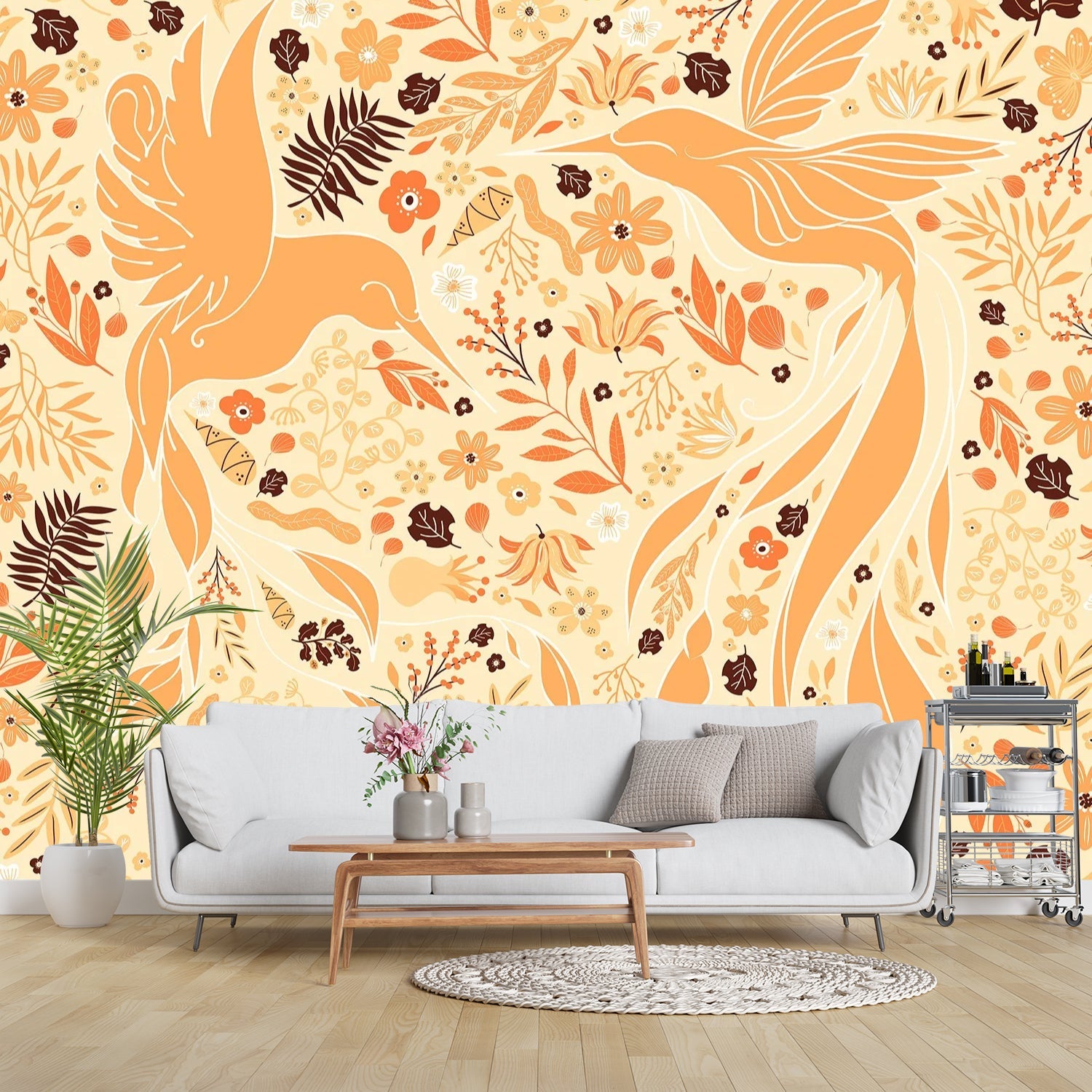 Whimsical pink birds and flowers create flowing organic pattern with burgundy botanical accents - view 9 - final