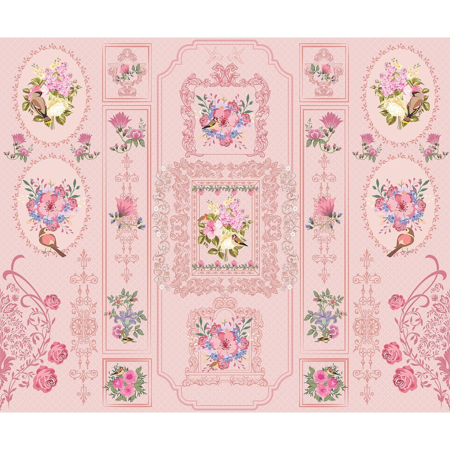 Romantic pink wallpaper with ornate baroque frames and vintage floral bouquet arrangements - view 6 - mural-equal - final