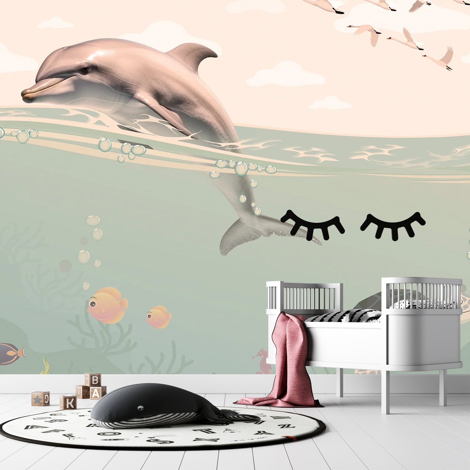 Whimsical underwater scene with dolphin, flying birds and decorative eyelashes in turquoise waters - view 20 - final