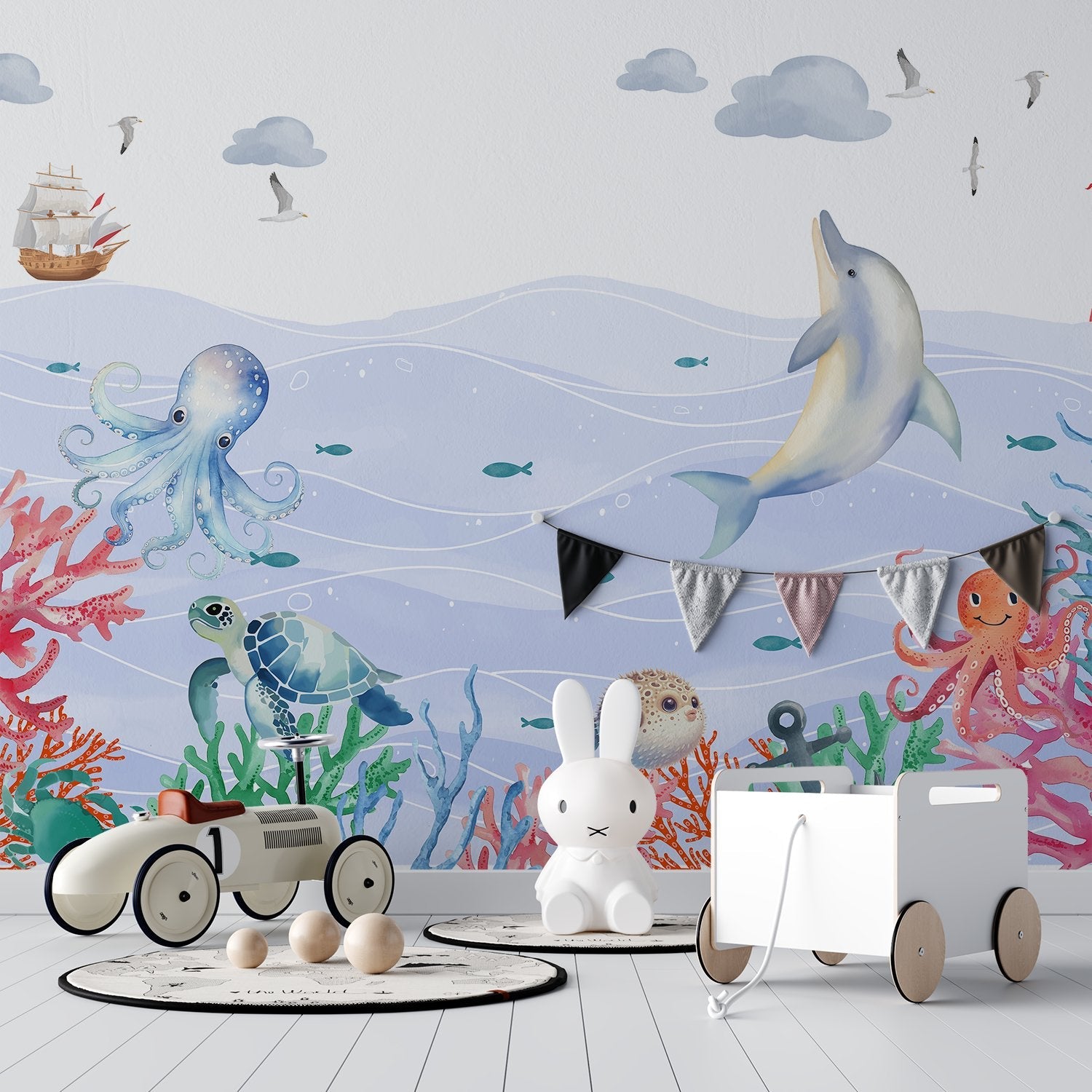 Whimsical underwater scene with dolphin, octopus, turtle and coral against soft blue waves - final kids-room