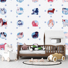 Cute cartoon dog breeds in circular frames with pink paw prints on white background - view 15 - final