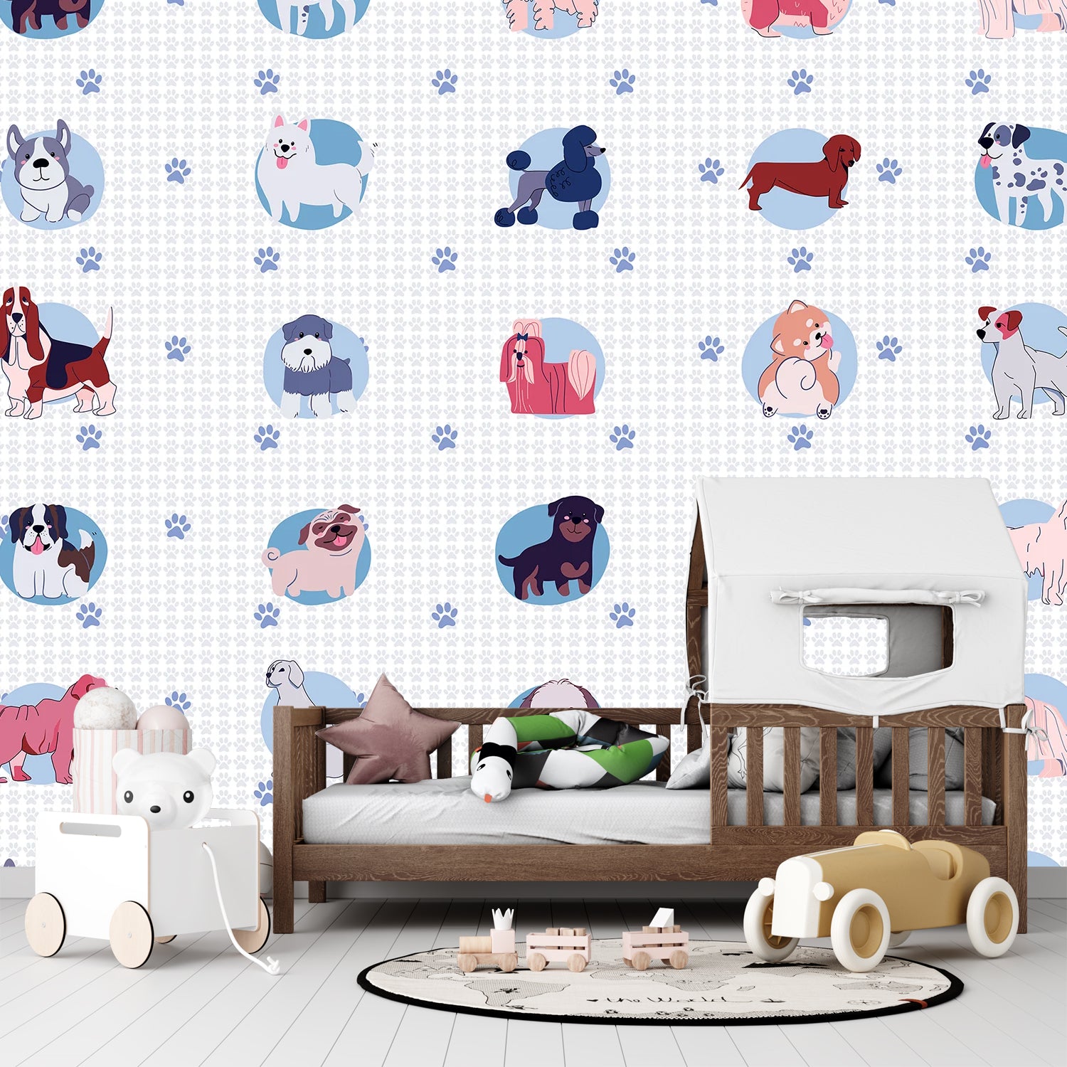 Cute cartoon dog breeds in circular frames with pink paw prints on white background - view 15 - final