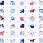 Cute cartoon dog breeds in circular frames with pink paw prints on white background - view 16 - final