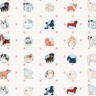 Cute cartoon dog breeds in circular frames with pink paw prints on white background - view 2 - final