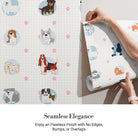 Cute cartoon dog breeds in circular frames with pink paw prints on white background - view 3 - final