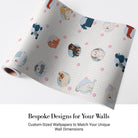 Cute cartoon dog breeds in circular frames with pink paw prints on white background - view 4 - final
