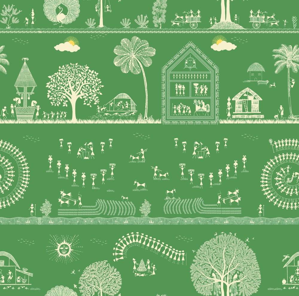 Traditional Warli folk art motifs in white on deep red background with repeating trees - view 17 - repeat-small - final