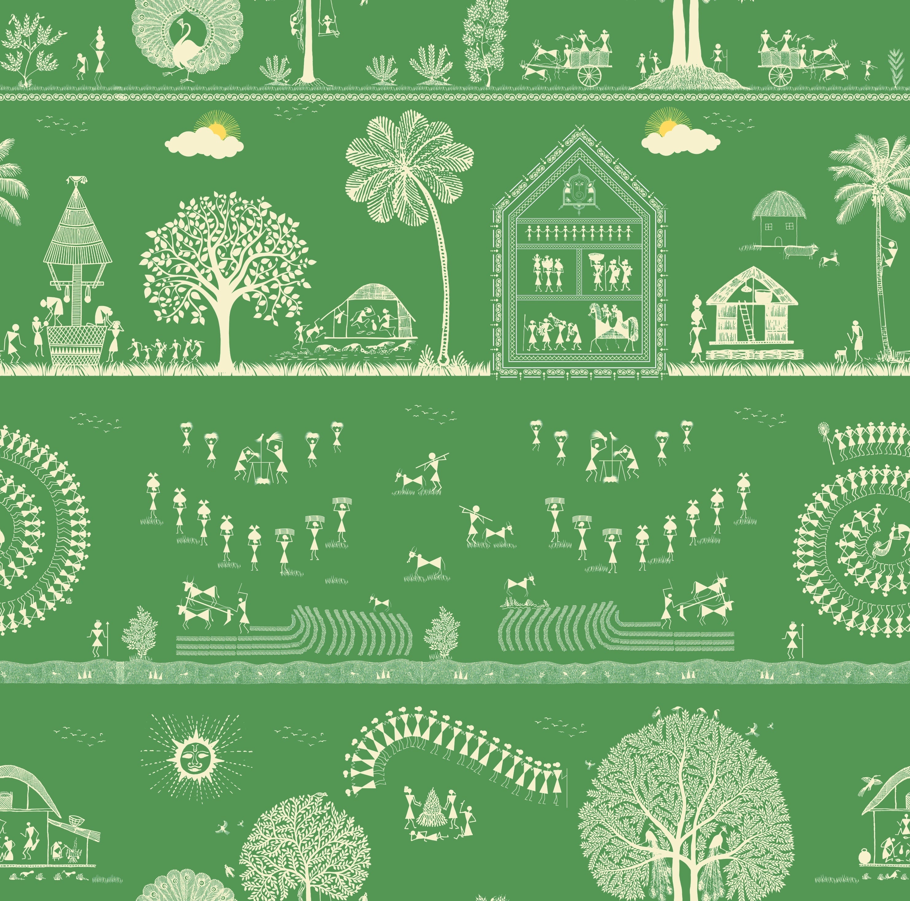 Traditional Warli folk art motifs in white on deep red background with repeating trees - view 18 - repeat-original - final