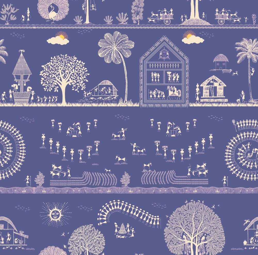 Traditional Warli folk art motifs in white on deep red background with repeating trees - view 27 - repeat-small - final