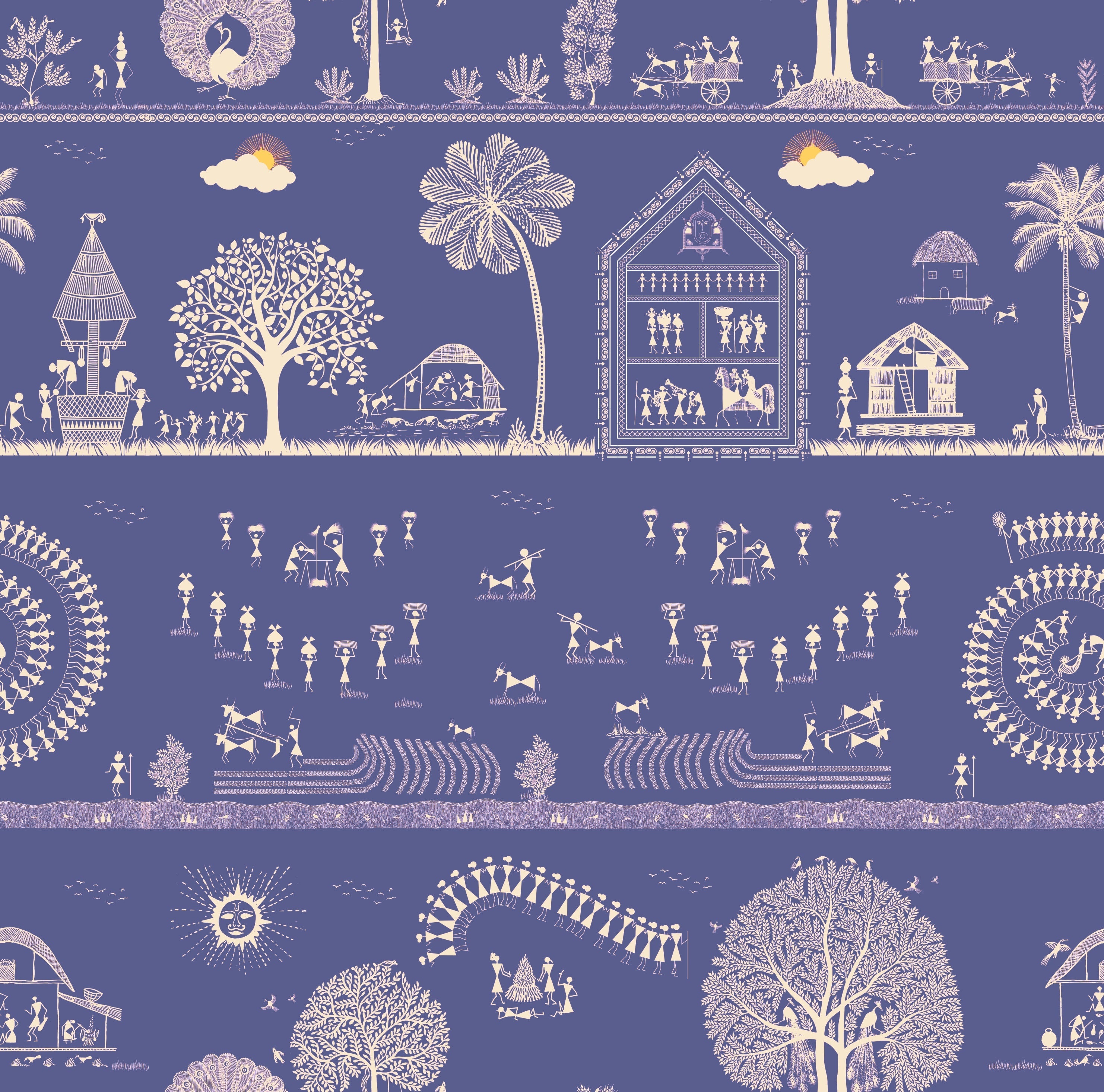 Traditional Warli folk art motifs in white on deep red background with repeating trees - view 28 - repeat-original - final