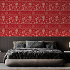 Traditional Warli folk art motifs in white on deep red background with repeating trees - final bed-room