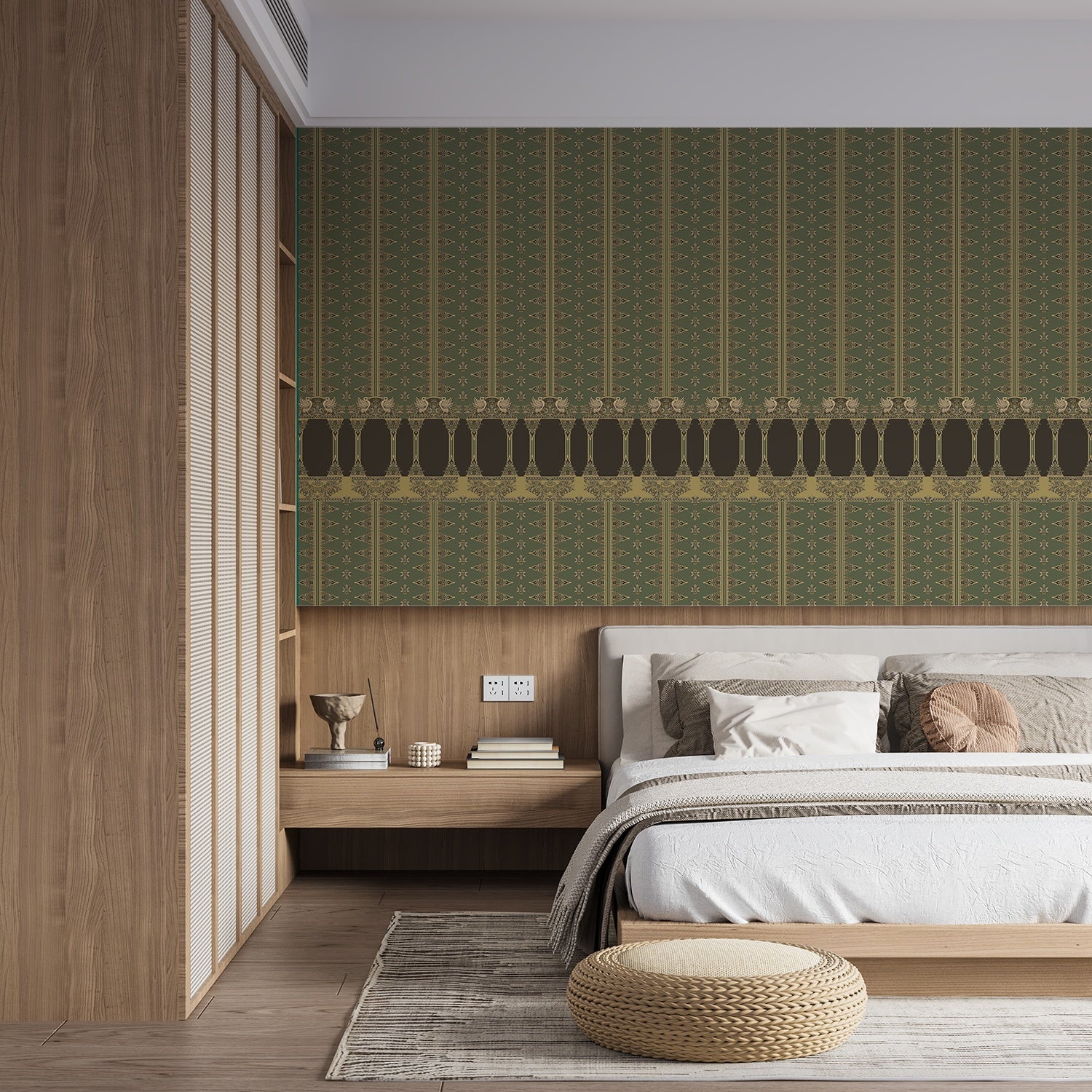 Traditional terracotta wallpaper with ornate architectural border design in rich brown and gold - view 11 - final