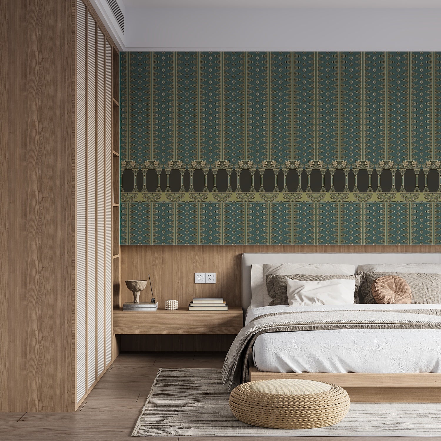 Traditional terracotta wallpaper with ornate architectural border design in rich brown and gold - view 15 - final