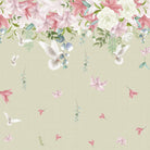 Graceful white doves and pink lilies floating on sage green background with falling petals - view 16 - final