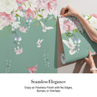 Graceful white doves and pink lilies floating on sage green background with falling petals - view 3 - final