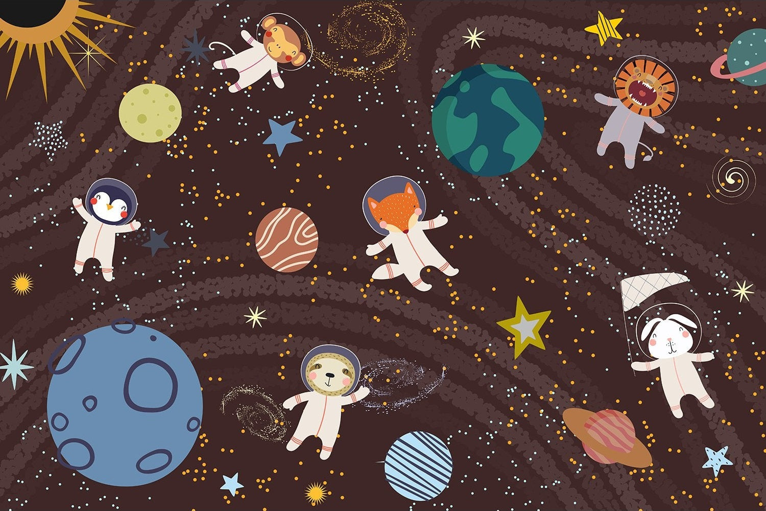 Astronaut space scene in lea - kids wallpaper mural-inequal final
