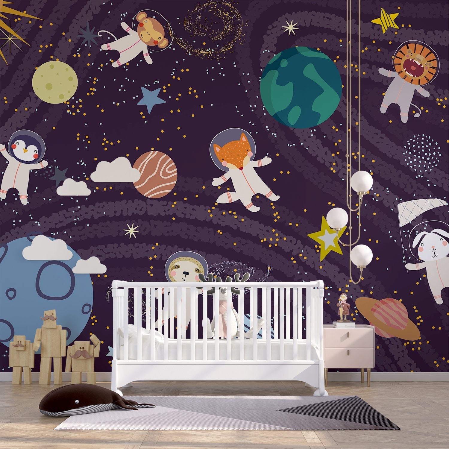 Whimsical cartoon animals floating in starry space with planets and celestial elements - view 7 - final